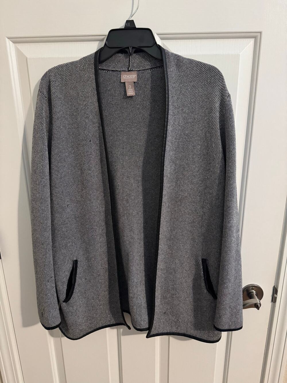 Chicos Open Front Knit Faux Leather Trim Cardigan Jacket Black White 2 (L 12/14)